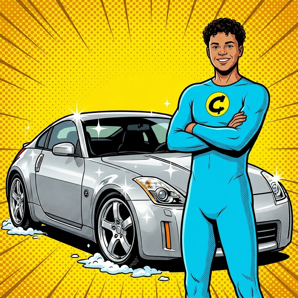 Maddox stands triumphantly next to the gleaming clean Z